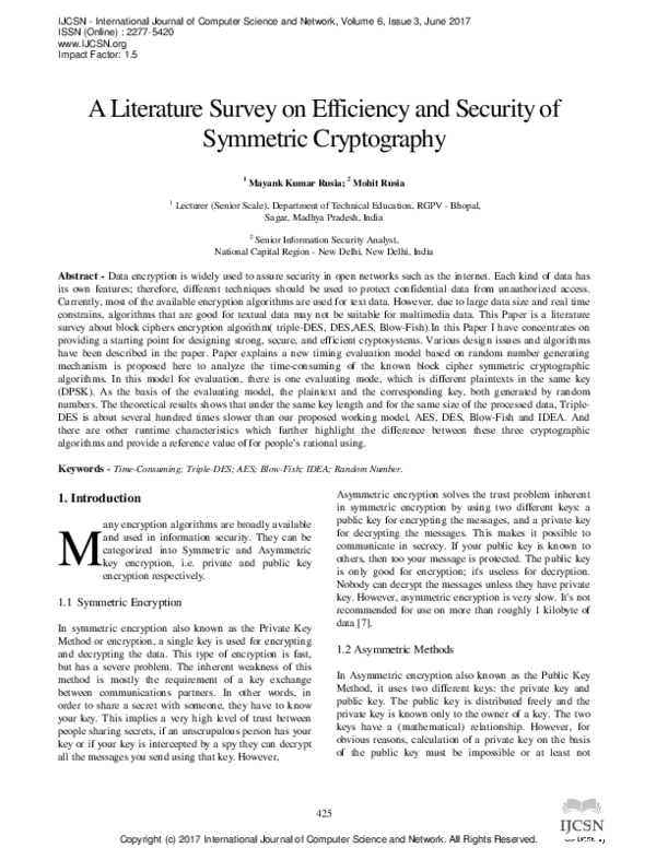 (PDF) A Literature Survey on Efficiency and Security of Symmetric ...