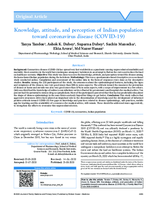 (PDF) Knowledge, attitude, and perception of Indian population toward ...