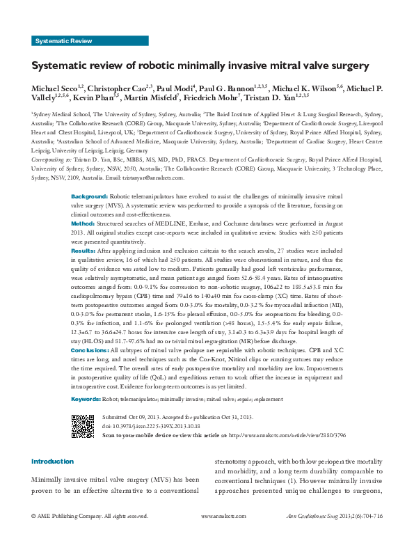 (PDF) Systematic review of robotic minimally invasive mitral valve surgery