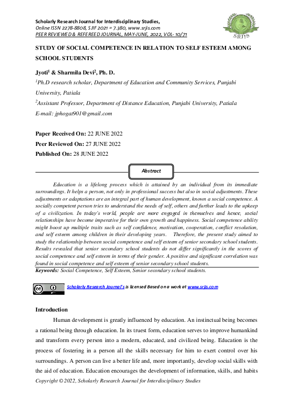 (PDF) STUDY OF SOCIAL COMPETENCE IN RELATION TO SELF ESTEEM AMONG ...