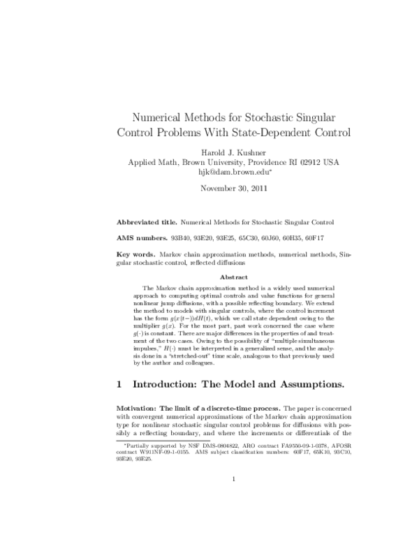 (PDF) Numerical Methods for Stochastic Singular Control Problems
