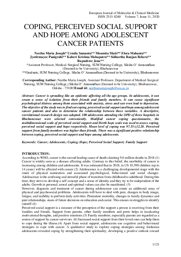 (PDF) Coping, Perceived Social Support and Hope Among Adolescent Cancer ...