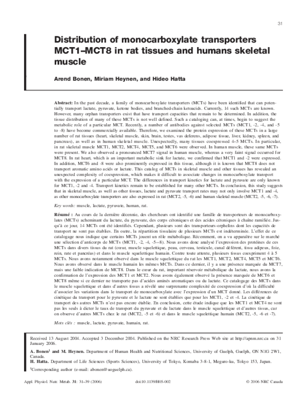 (PDF) Distribution of monocarboxylate transporter isoforms MCT1, MCT2 ...