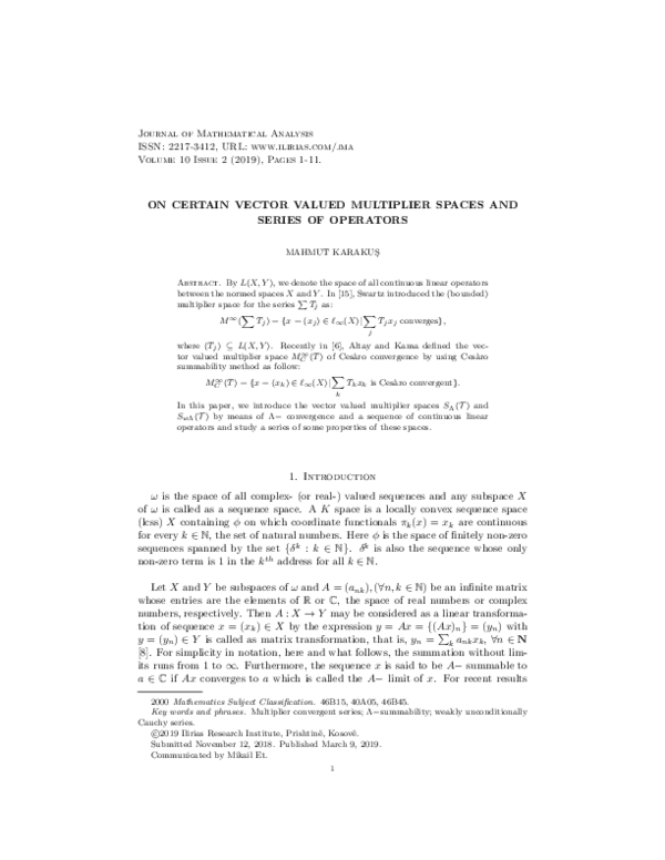 (PDF) On Certain Vector Valued Multiplier Spaces and Series of Operators