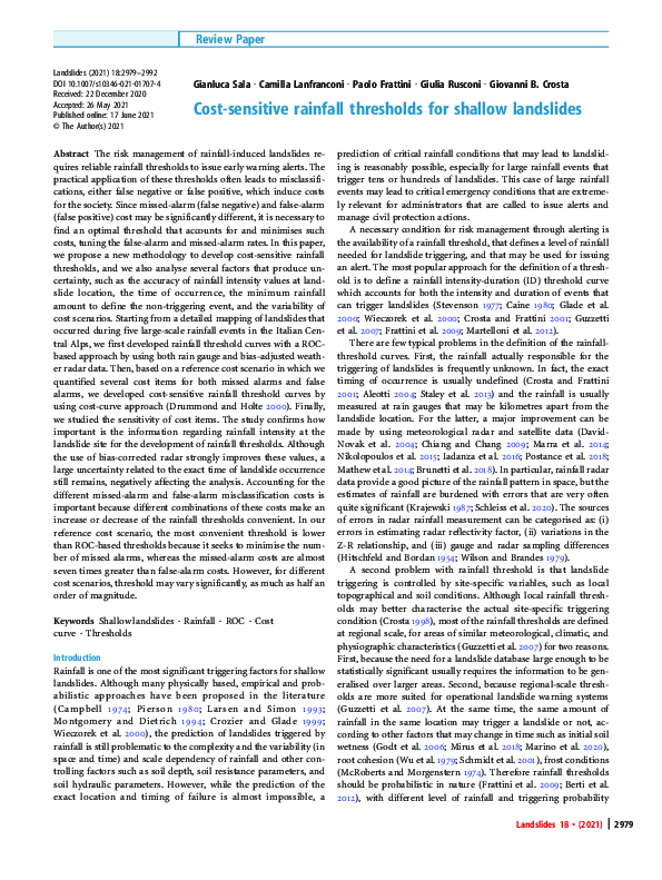 (PDF) Cost-sensitive rainfall thresholds for shallow landslides