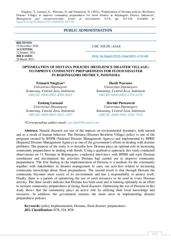 (PDF) Optimization of Destana policies (Resilience Disaster Village) to ...