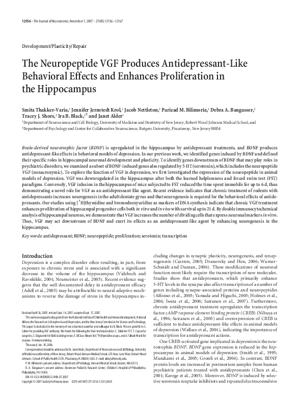 (PDF) The neuropeptide VGF produces antidepressant-like behavioral ...