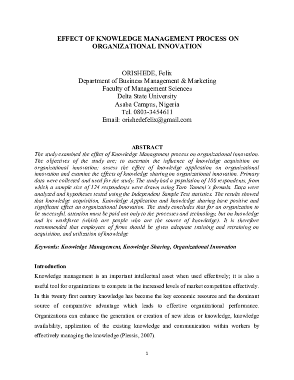 (DOC) EFFECT OF KNOWLEDGE MANAGEMENT PROCESS ON ORGANIZATIONAL INNOVATION
