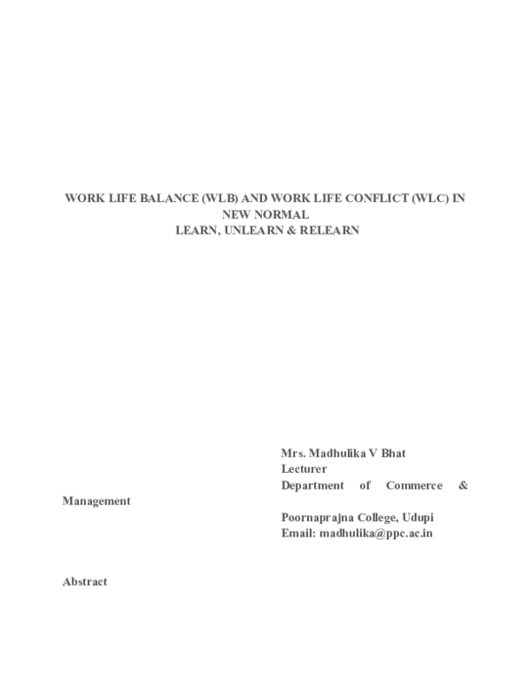 (DOC) WORK LIFE BALANCE (WLB) AND WORK LIFE CONFLICT (WLC) IN NEW ...