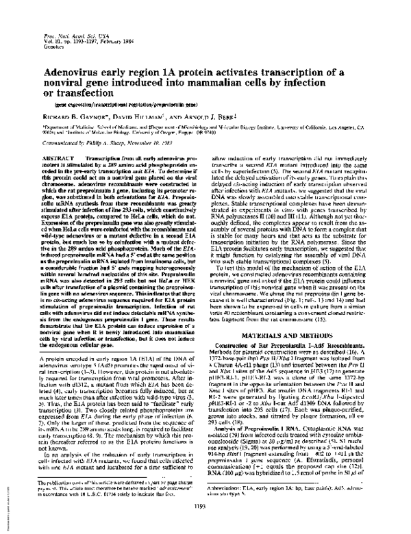 (PDF) Adenovirus early region 1A protein activates transcription of a ...
