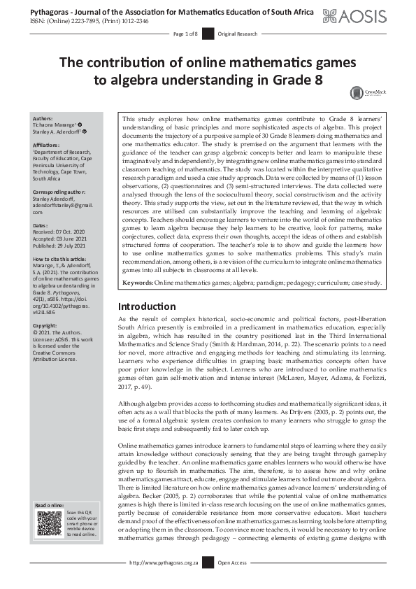 (PDF) The contribution of online mathematics games to algebra ...