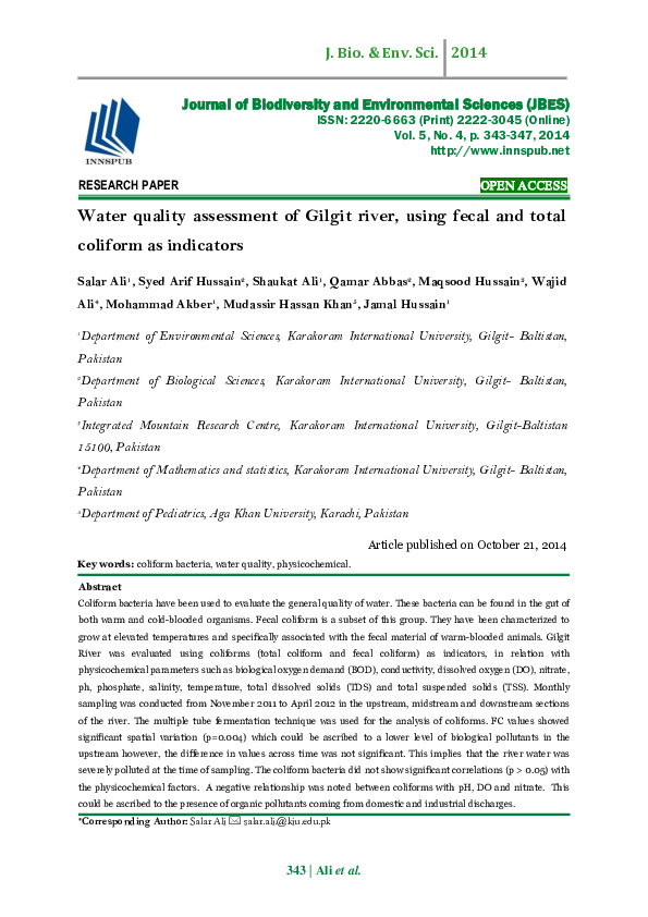 (PDF) Water quality assessment of Gilgit river, using fecal and total ...