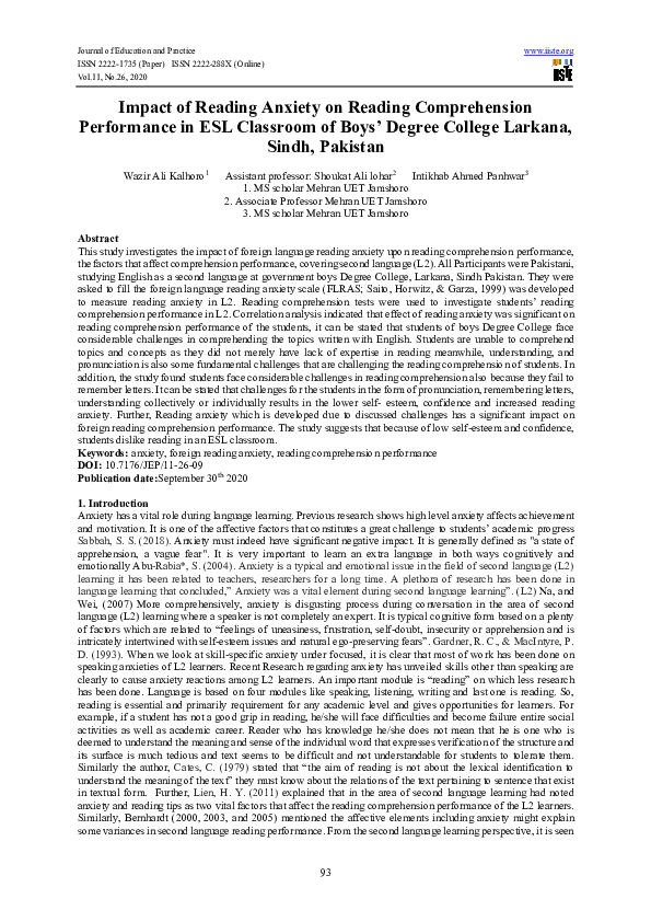 (PDF) Impact of Reading Anxiety on Reading Comprehension Performance in ...