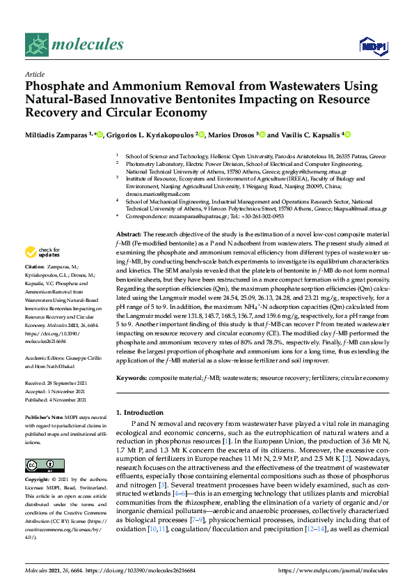 (PDF) Phosphate and Ammonium Removal from Wastewaters Using Natural ...