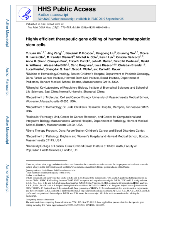 (PDF) Highly efficient therapeutic gene editing of human hematopoietic ...