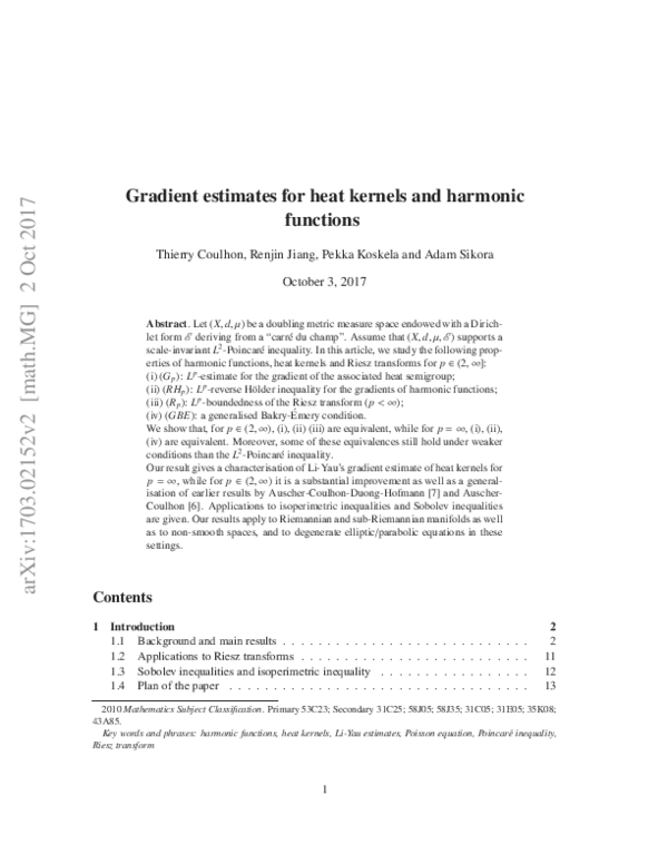 (PDF) Gradient estimates for heat kernels and harmonic functions