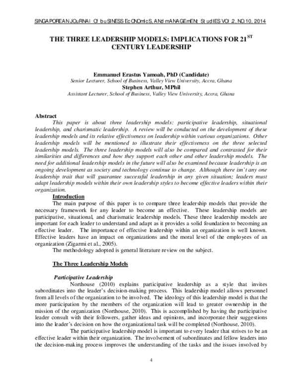 (PDF) The Three Leadership Models : Implications for 21 St Century ...
