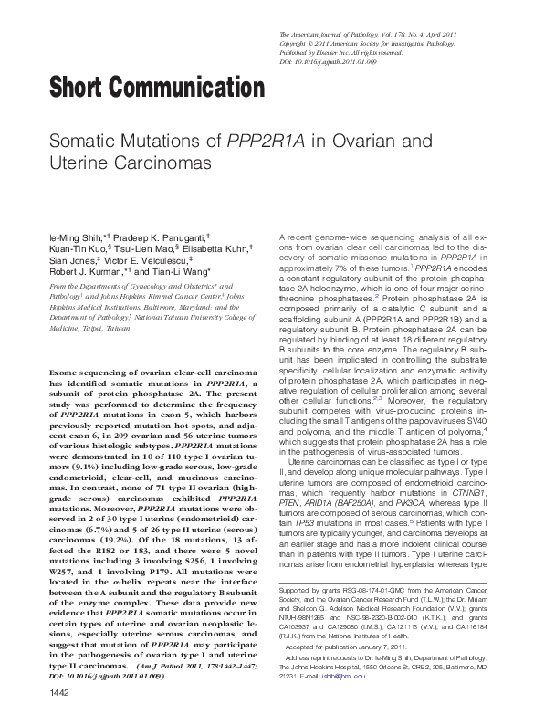 (PDF) Somatic Mutations of PPP2R1A in Ovarian and Uterine Carcinomas ...