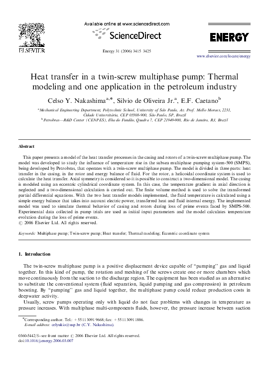 (PDF) Heat transfer in a twin-screw multiphase pump: Thermal modeling ...