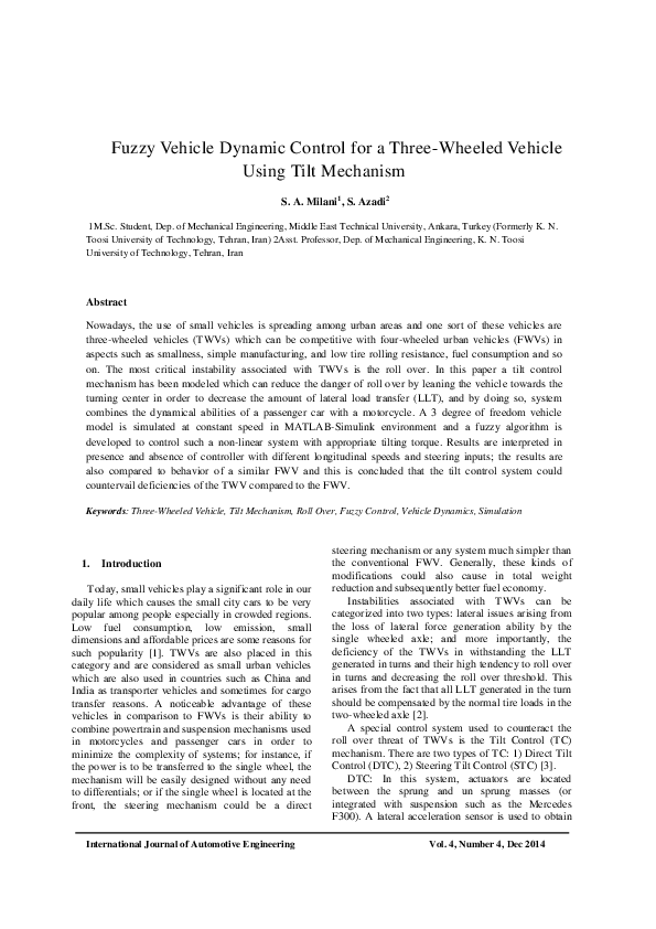 (PDF) Fuzzy Vehicle Dynamic Control for a Three-Wheeled Vehicle Using ...