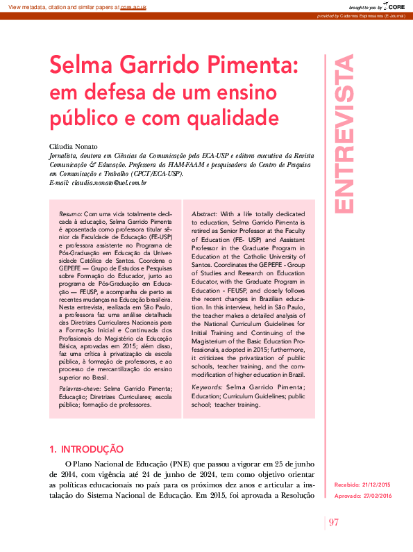 (PDF) Selma Garrido Pimenta: em defesa de um ensino público e com qualidade