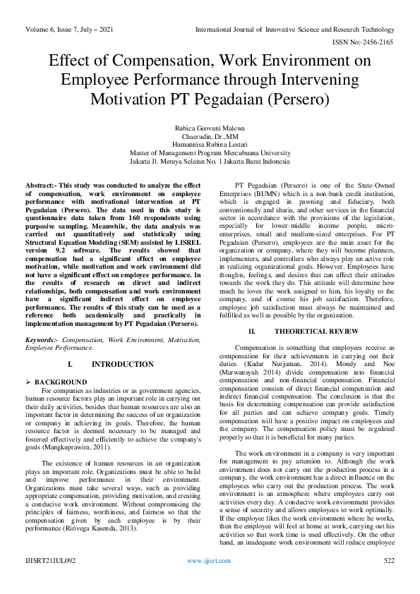 (PDF) Effect of Compensation, Work Environment on Employee Performance ...