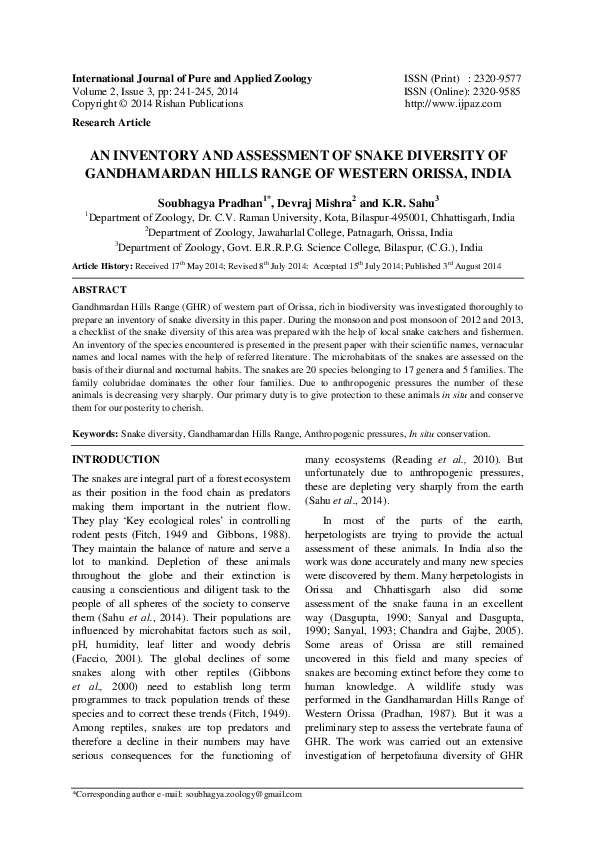 (PDF) An Inventory and Assessment of Snake Diversity of Gandhamardan ...