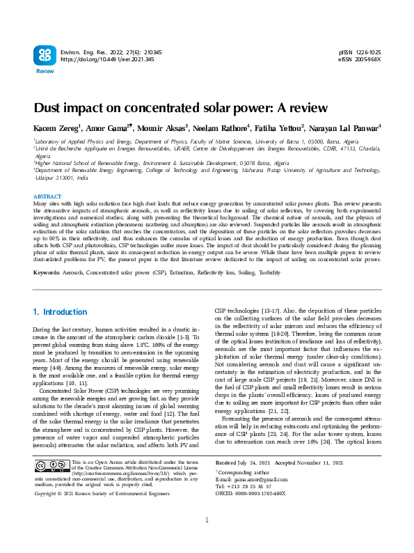 (PDF) Dust impact on concentrated solar power: A review