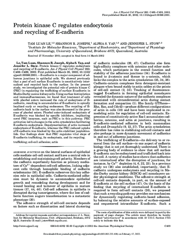 (PDF) Protein kinase C regulates endocytosis and recycling of E-cadherin