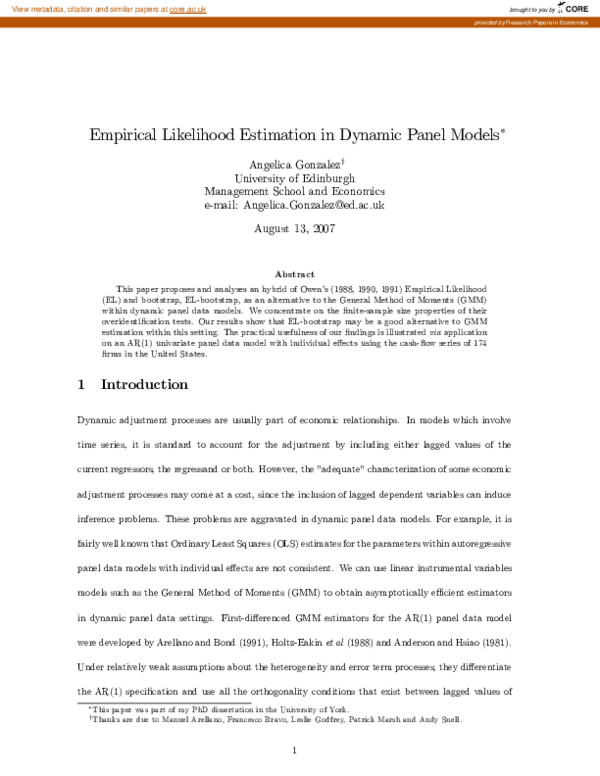 (PDF) Empirical Likelihood Estimation In Dynamic Panel Models