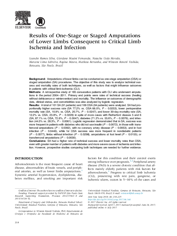(PDF) Results of one-stage or staged amputations of lower limbs ...