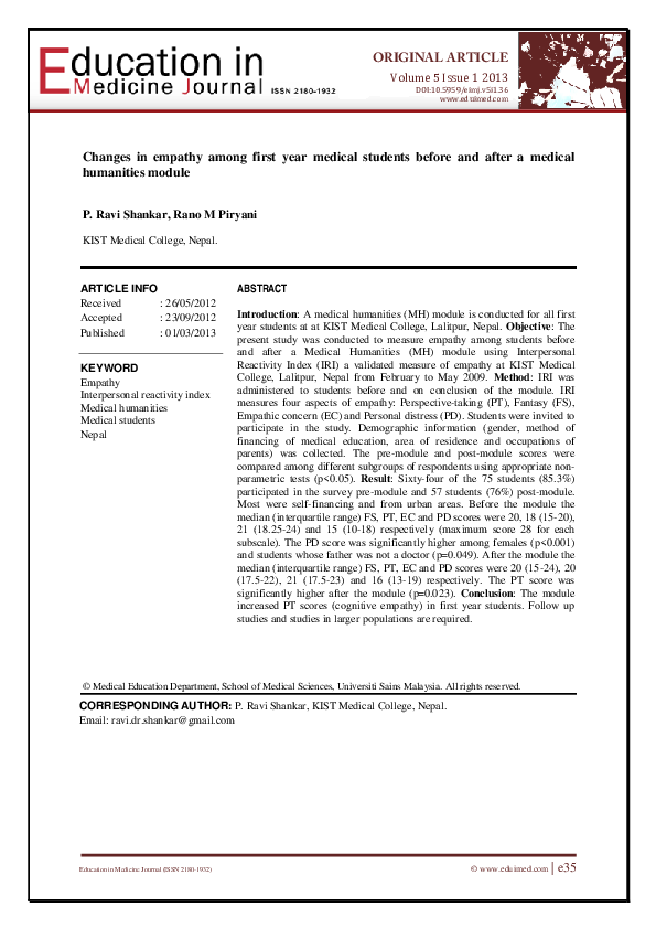 (PDF) Changes in empathy among first year medical students before and ...