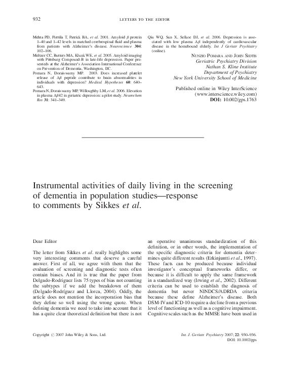 (PDF) Instrumental activities of daily living in the screening of ...