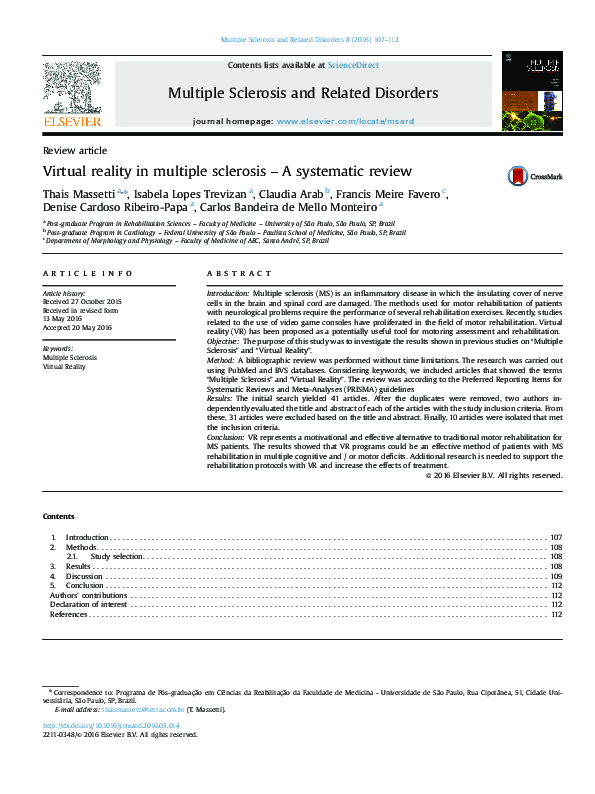 (PDF) Virtual reality in multiple sclerosis – A systematic review