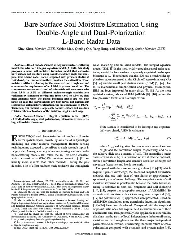 (PDF) Bare Surface Soil Moisture Estimation Using Double-Angle and Dual ...