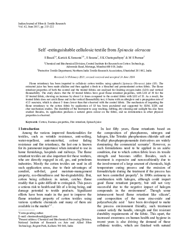 (PDF) Self -extinguishable cellulosic textile from Spinacia oleracea