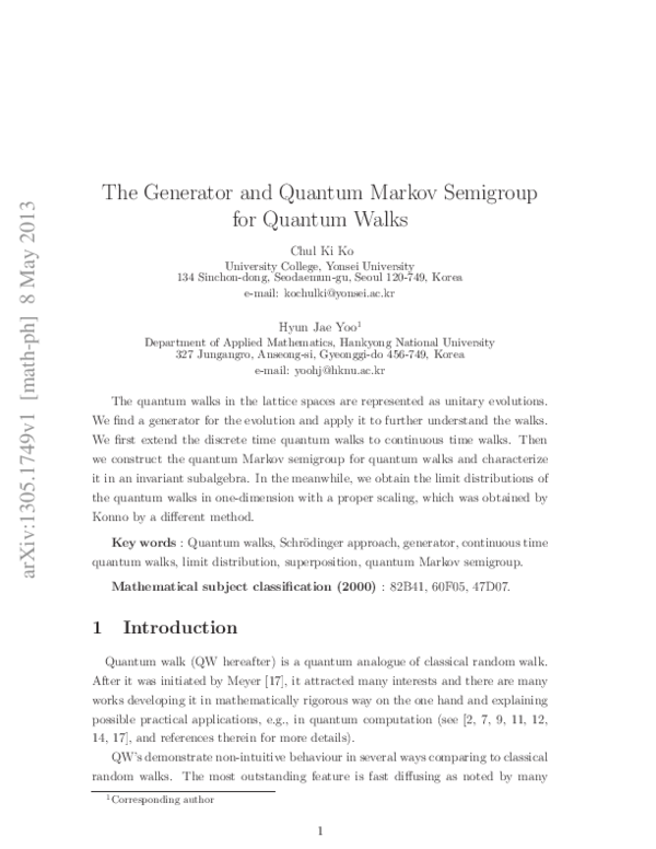 (PDF) The generator and quantum Markov semigroup for quantum walks
