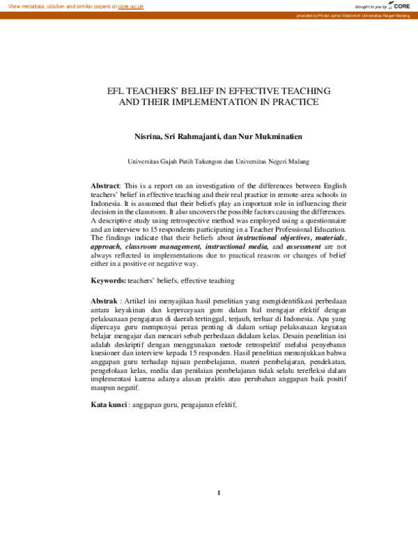 (PDF) Efl Teachers’ Belief in Effective Teaching and Their ...