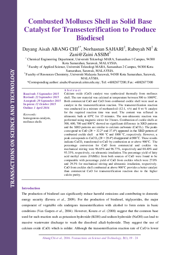 (PDF) Combusted Molluscs Shell as Solid Base Catalyst for ...