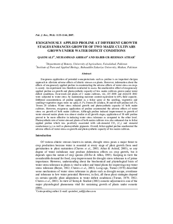 (PDF) Exogenously applied proline at different growth stages enhances ...
