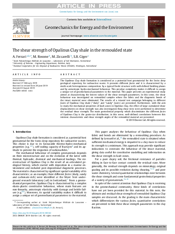 (PDF) The shear strength of Opalinus Clay shale in the remoulded state