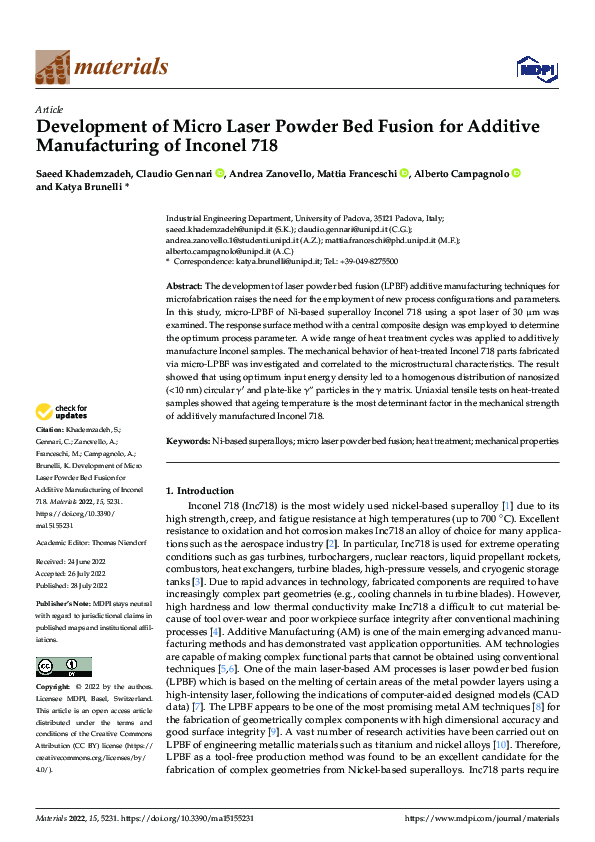 (PDF) Development of Micro Laser Powder Bed Fusion for Additive Manufacturing of Inconel 718