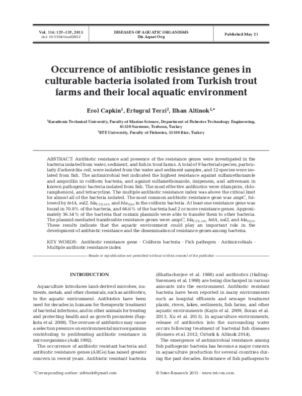 (PDF) Occurrence of antibiotic resistance genes in culturable bacteria ...