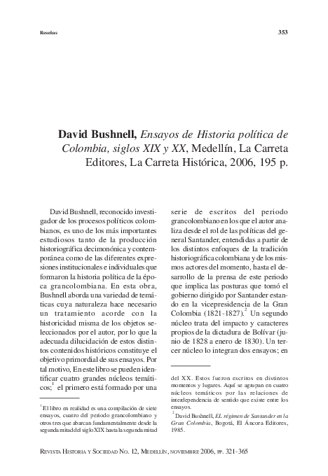 (PDF) RESEÑA. David Bushnell, Ensayos de Historia política de Colombia ...