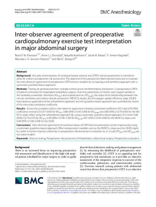 (PDF) Inter-observer agreement of preoperative cardiopulmonary exercise ...
