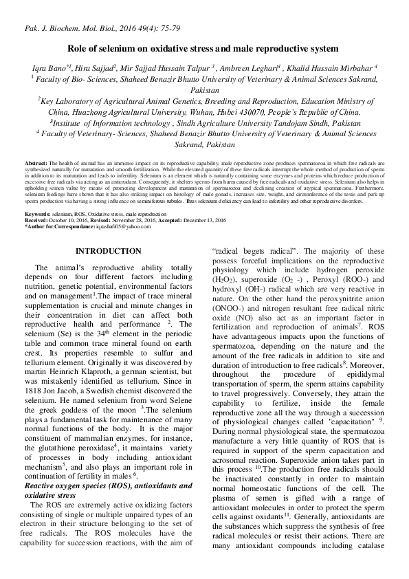 (PDF) Role of selenium on oxidative stress and male reproductive system