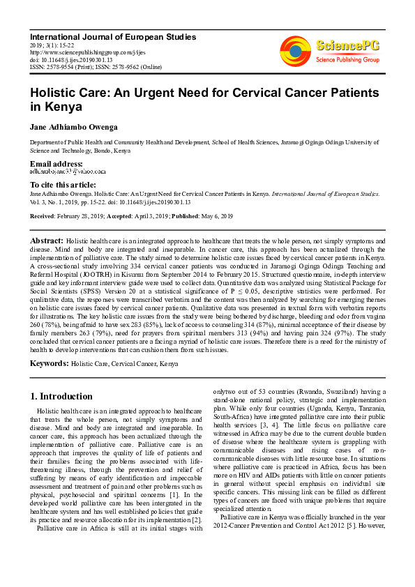 (PDF) Holistic Care: An Urgent Need for Cervical Cancer Patients in Kenya