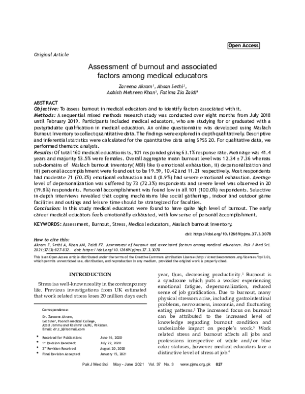 (PDF) Assessment of burnout and associated factors among medical educators