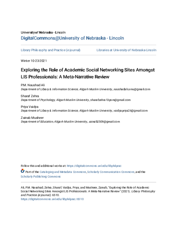 (PDF) Exploring the Role of Academic Social Networking Sites Amongst ...