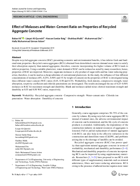 (PDF) Effect of Molasses and WaterCement Ratio on Properties of